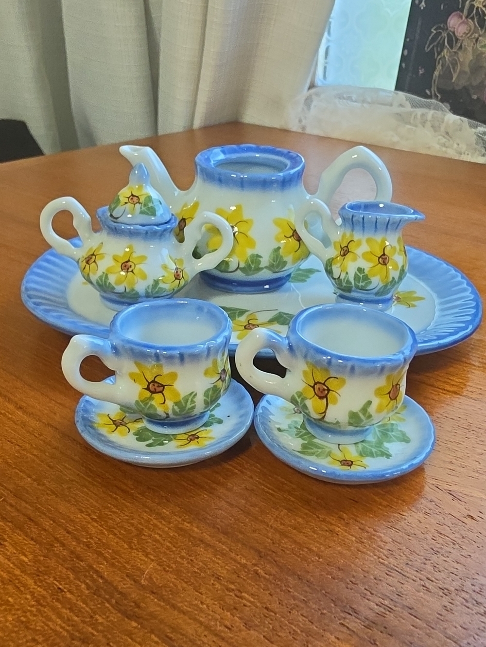 Miniature Doll House Tea Set Blue and White Floral with Tray 9 Pieces